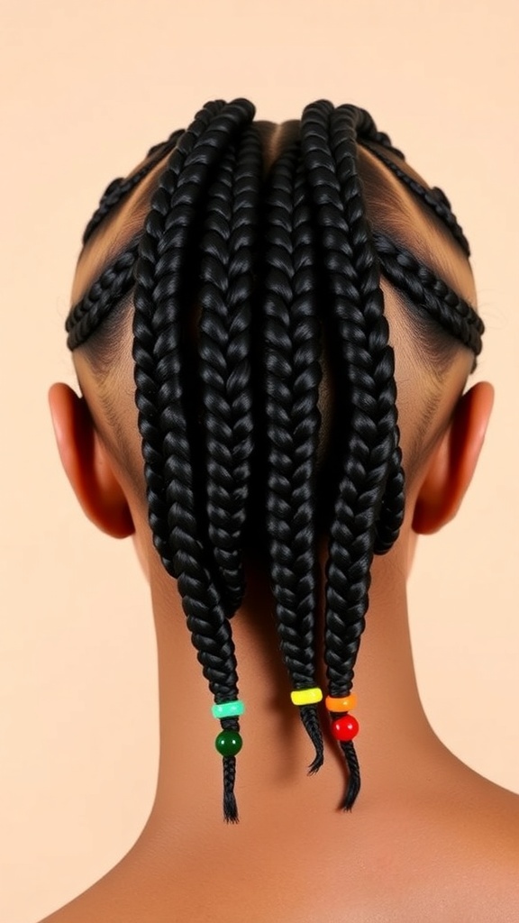 A woman with four cornrow braids decorated with beads, highlighting a stylish and protective hairstyle.